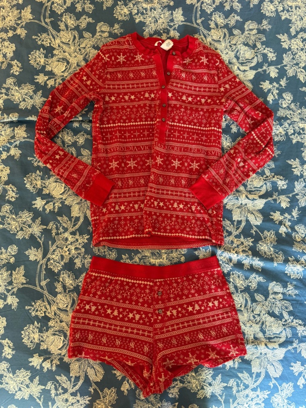 PINK Victoria's Secret Red Fair Isle Henley Pajama Set